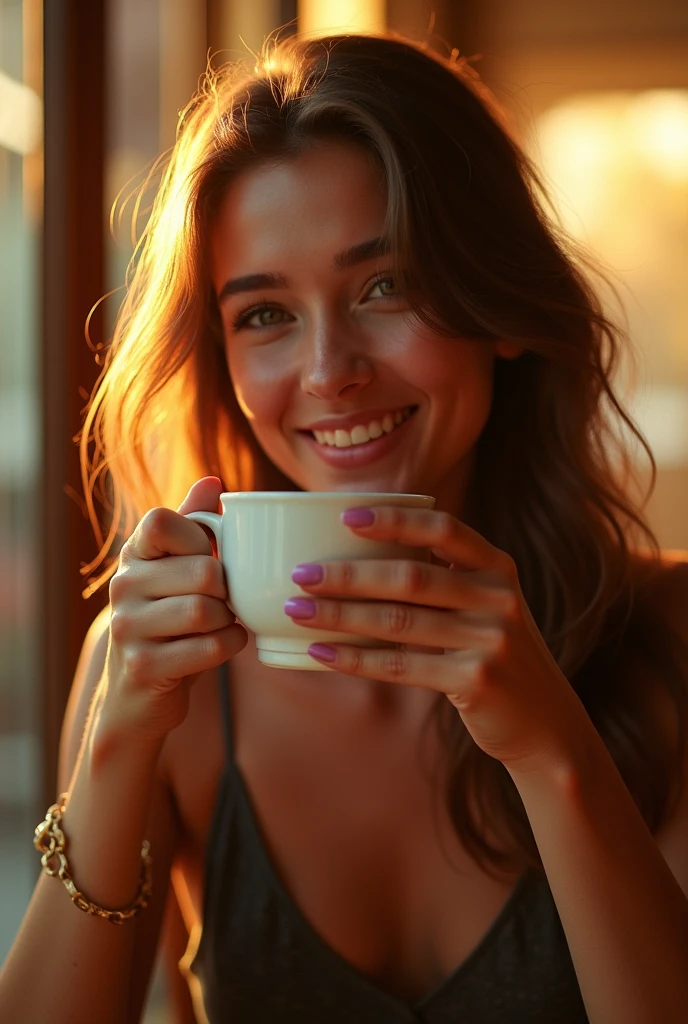 editorial photography, Cinematic photo of a beautiful beautiful woman having a cup of coffee early in the morning., Canon EOS 600D, fujifilm warm colors, golden hour, Lens flare. Ultra high resolution UHD 8K, hyper-realistic, extremely detailed. --auto --s2