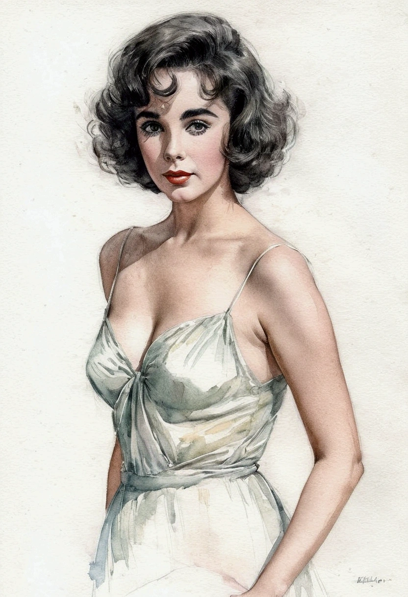 A delicate, watercolor painting portrays, a very young nude beautiful Elizabeth Taylor look, medium firm breasts, standing bare feet without background, large pussy, her features rendered in subtle shading and precise lines. The framing is tight, focusing attention on the subject's serene face. Soft, feathery strokes convey the gentle texture of her hair,