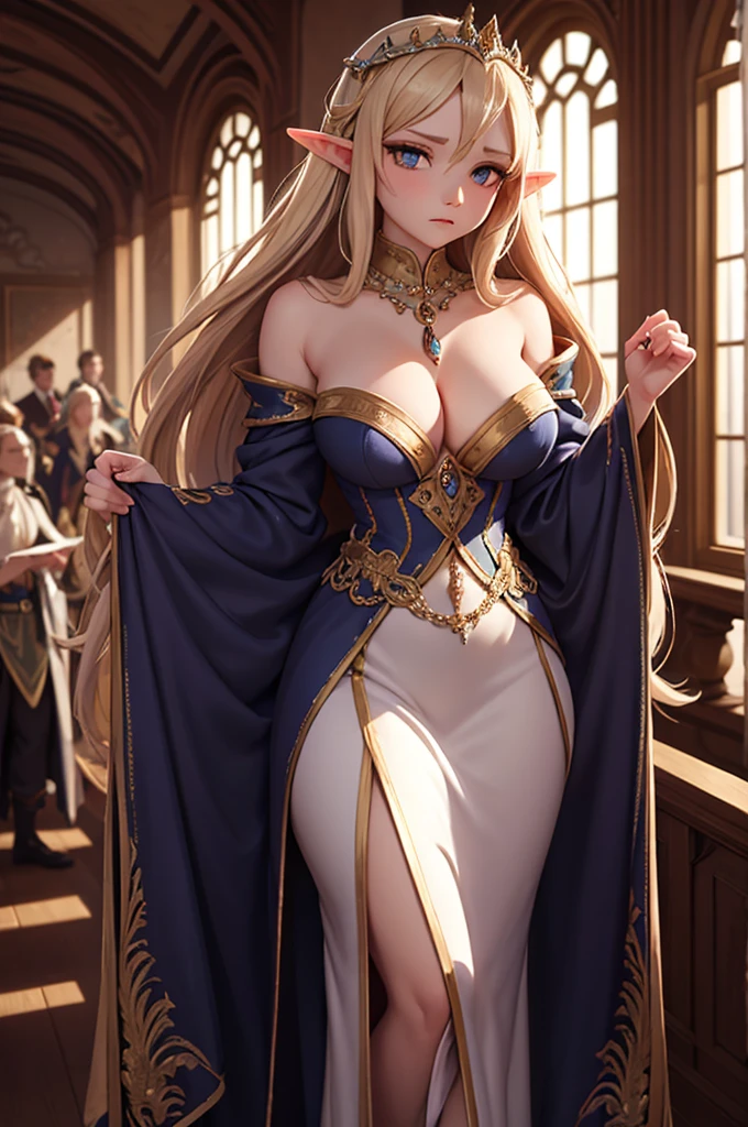 [Core Concept] A high-ranking female member of the royal elven court presiding over a formal court gathering.

[Character Description] A regal and elegant elven noblewoman, adorned in ornate robes and jewelry befitting her elevated status. She carries herself with poise and authority, her expression poised and commanding.

[Environment/Background] The scene takes place within the grand, opulent halls of the elven royal court, with intricate architecture, tapestries, and other lavish accoutrements befitting the setting.

[Style and Atmosphere] The overall tone is one of formality, regality, and a touch of the fantastical, with a sense of the mystical and otherworldly present within the elven court.

[Composition] The female elven noble is positioned centrally, commanding the attention of the viewer, while the background features other courtiers and attendants observing the proceedings.

[Details and Embellishments] Subtle magical or supernatural elements may be present, such as the glowing aura surrounding the elven noblewoman or intricate elven runes etched into the architectural features.

[Technical Specifications] The image should be rendered in a detailed, high-quality style that captures the grandeur and elegance of the elven royal court, with a focus on the female noble's commanding presence and the ornate, fantastical setting.