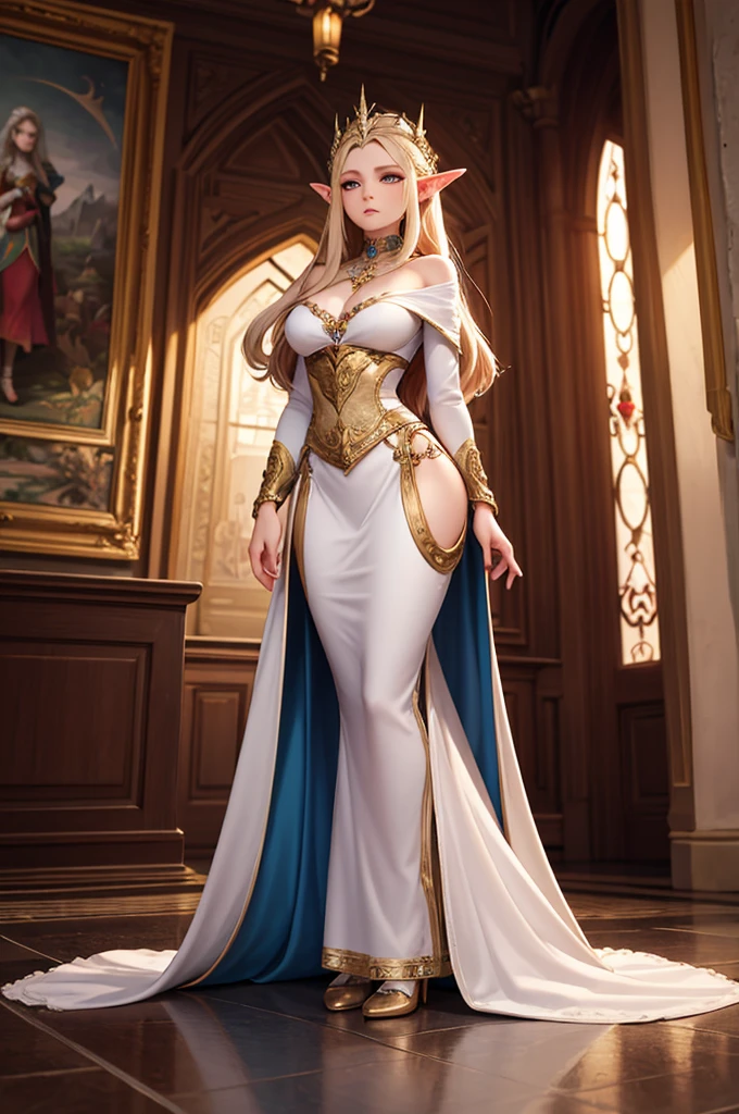 [Core Concept] A high-ranking female member of the royal elven court presiding over a formal court gathering.

[Character Description] A regal and elegant elven noblewoman, adorned in ornate robes and jewelry befitting her elevated status. She carries herself with poise and authority, her expression poised and commanding.

[Environment/Background] The scene takes place within the grand, opulent halls of the elven royal court, with intricate architecture, tapestries, and other lavish accoutrements befitting the setting.

[Style and Atmosphere] The overall tone is one of formality, regality, and a touch of the fantastical, with a sense of the mystical and otherworldly present within the elven court.

[Composition] The female elven noble is positioned centrally, commanding the attention of the viewer, while the background features other courtiers and attendants observing the proceedings.

[Details and Embellishments] Subtle magical or supernatural elements may be present, such as the glowing aura surrounding the elven noblewoman or intricate elven runes etched into the architectural features.

[Technical Specifications] The image should be rendered in a detailed, high-quality style that captures the grandeur and elegance of the elven royal court, with a focus on the female noble's commanding presence and the ornate, fantastical setting.