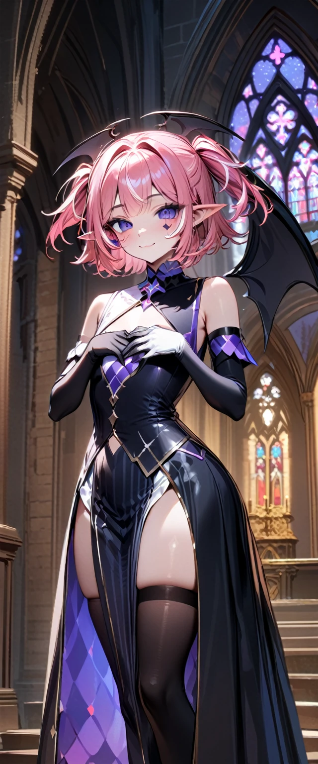 UHD, masterpiece, best quality, extremely detailed, anatomically correct, sharp focus, Midnight, Church , altar isle, 1girl, solo, camilavtuber, pink hair, short hair, shoulder length hair, ((black head wings)), (twin ponytail), purple eyes, facial mark, smiling, 1 devil wing on the back, choker with crucifix design, slim arms, black arm sleeves, black gloves, small chest,((long black gown)), black thighhighs, slim long legs, black high heels, standing up, standing upright, full body shot, full body pose, innocent pose, Eye-Level Shot, front view, innocent pose