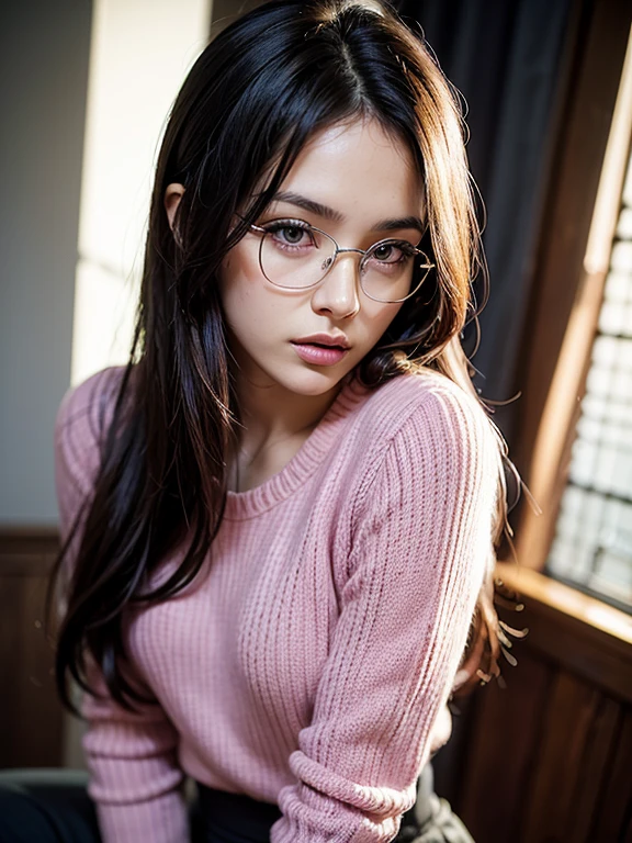 (masterpiece:1.2, highest quality), (Realistic, photoRealistic:1.4), Beautiful illustrations, (Natural Side Lighting, Cinema Lighting), Written boundary depth, Beautiful thighs staring at the viewer, (Face Focus, Upper Body), 1 female, 20-year-old, alone, thin, slender, small breasts!!!, Long Hair, Curly Hair, Forehead, Forehead, Forehead, Forehead, thin, slender, glasses, vivid pink sweater, jeans, Are standing, ((Close-up)), ((Close-up)), ((Close-up))