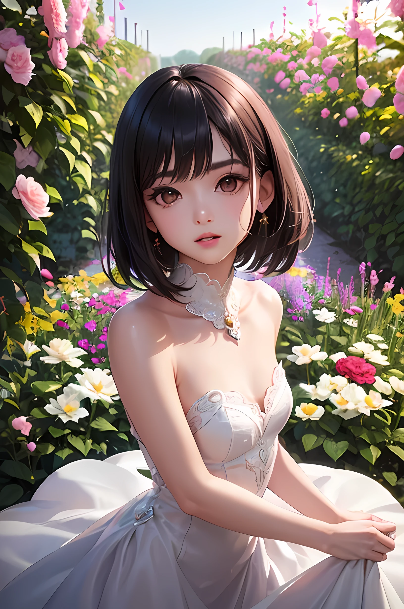 (Highest quality、Highest quality、Masterpiece、Very delicate、Very detailed、Exquisite、16K、Full HD)、1 female、(White dress)、Small breasts、Perfect body line、Glowing Skin、(Groomed eyebrows、Pink Lips、Brown eyes、Mysterious Face)、(Black Hair、Medium Bob Hair、Shiny Hair、)、Dramatic lighting、Looking back、(garden)