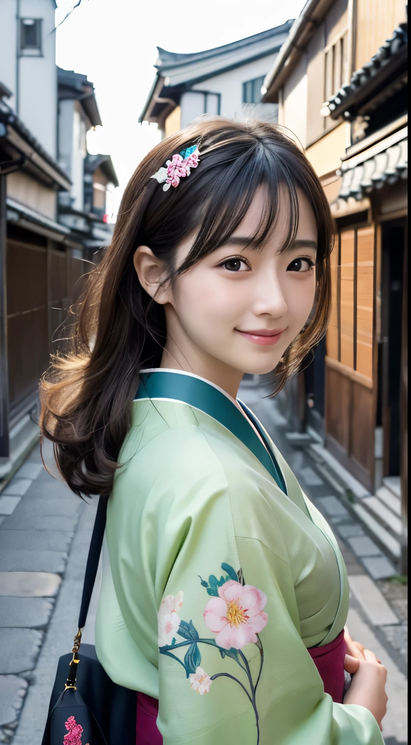 Professional Lighting,(Realistic:1.4), (Top image quality:1.0), (超High resolution:1.0), 8k, Raw photography, (masterpiece:0.2), (Dealing with the Children_v1:0.5)、(最高quality Detail:1.2)、Realistic、8kウルトラHD、High resolution、(1 girl:1.2)、超detailedな、High quality textures、複雑なdetailed、detailed、Very detailed CG、High quality shadows、detailed 美しく繊細な顔、Beautiful details and a delicate eye、(Symmetrical eyes:1.2),Written boundary depth、Ray Tracing,1 girl, Japanese Girls, (Natural smile:1.4),cute, thin, Portrait of a beautiful Japanese woman in a kimono, Standing elegantly on a street corner in Kyoto. Kimono with vibrant traditional patterns, Hair decorated with elegant and delicate hairpins, Gentle expression. (With the old streets of Kyoto in the background:1.4)、The soft light of a spring afternoon、Adding tranquility to the scene. Rendered in a Realistic style with great attention to detail, High resolutionの画像.Sky Porn, Magic Hour, (Realistic:1.3), finely, quality, (Tabletop:1.2), (Realistic:1.2), (最高quality), (複雑なdetailed), dramatic, Ray Tracing, photograph, +roller