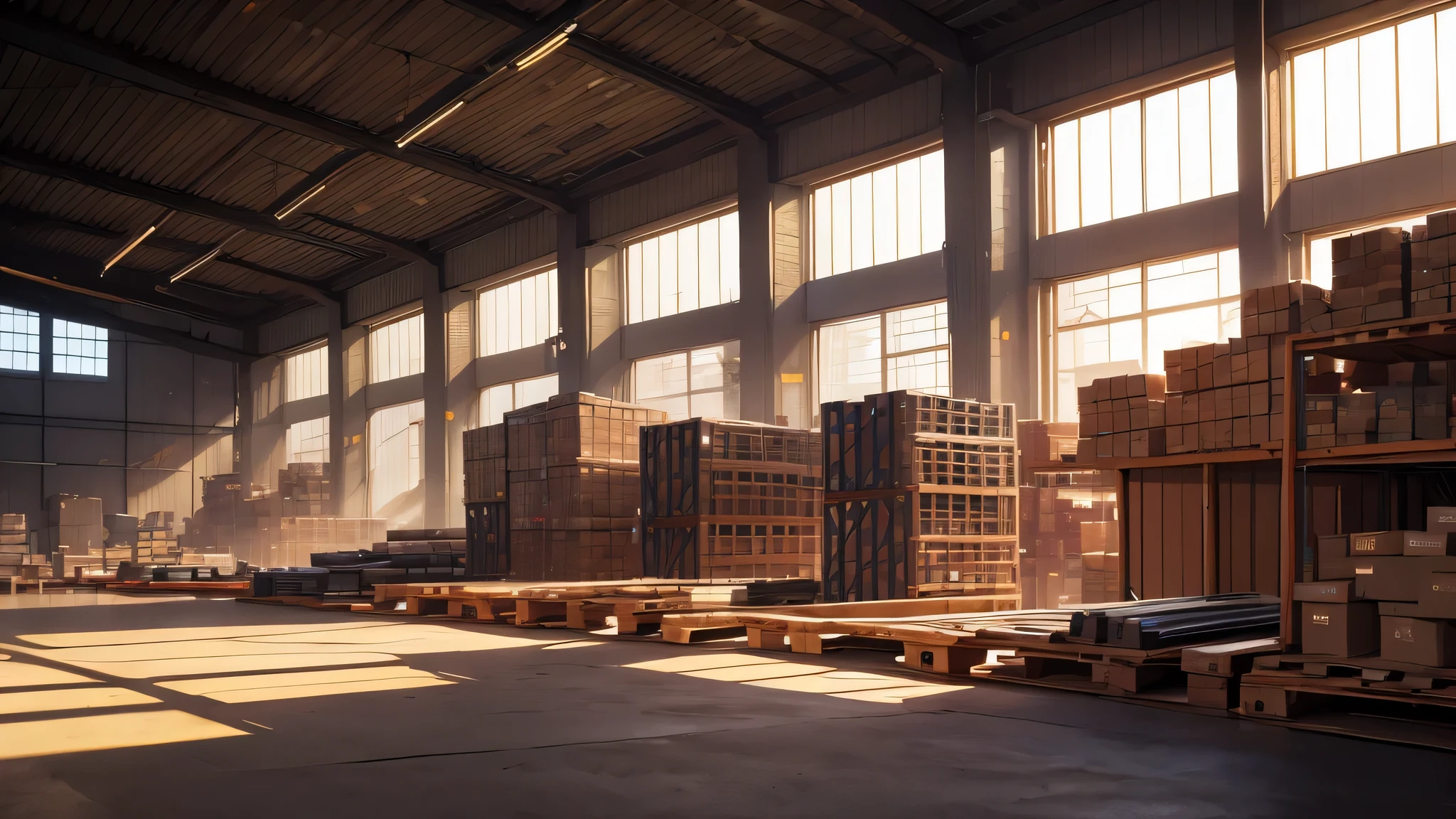  warehouse with loads of stock and wooden pallets in the uk with transport vehicles. The setting has a sunny and a bright atmosphere, with soft lighting casting a gentle glow on the surroundings. anime style