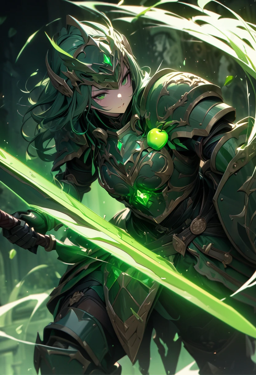 masterpiece, 8k, best quality, highly detailed, a warrior wielding a small shield & armor that is bright light green that looks like a green apple