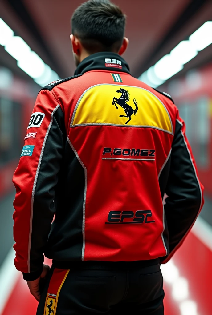 Red Ferrari jacket, yellow, black and white with a stallion logo on the back in the center above it that says P. Gómez has a 30 on his left sleeve, On the front of the jacket on the left side it says EPSR with the Ferrari font