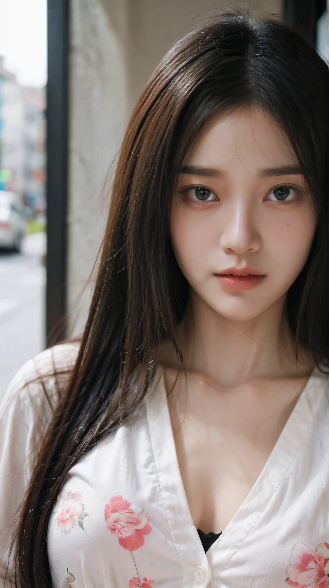 masterpiece, best quality, ultra-realistic, cute young woman, Korean idol, heart-shaped face, large almond eyes, silky black hair, small rosy lips, scowling, pastel-colored outfit, light floral pattern blouse, soft ambient lighting, blurred background, modern urban setting, city lights in the distance, detailed facial features, soft shadows, 85mm lens, portrait photography