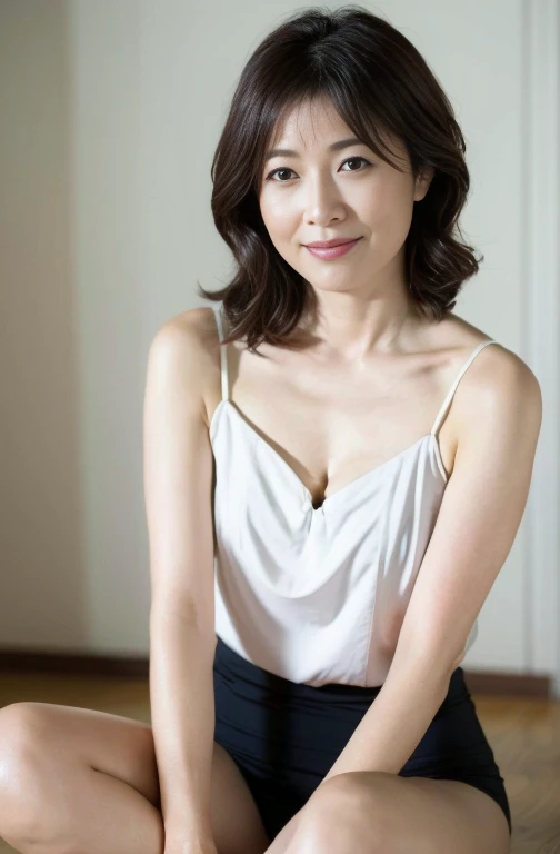 ((Best Quality, 8k, Masterpiece, Portrait: 1.3)), (looking at viewer),Photorealistic, Sharp Focus, 1 Beautiful Japanese , ((wearing only camisole, only stained pantClothes with Cleavage VYears Old, Wavy Hair, ((Open your legs wide:1.5, Sit one knee up:1.5, show crotch)), (loose waist:0.5), darkness room, (open mouth:0.7),