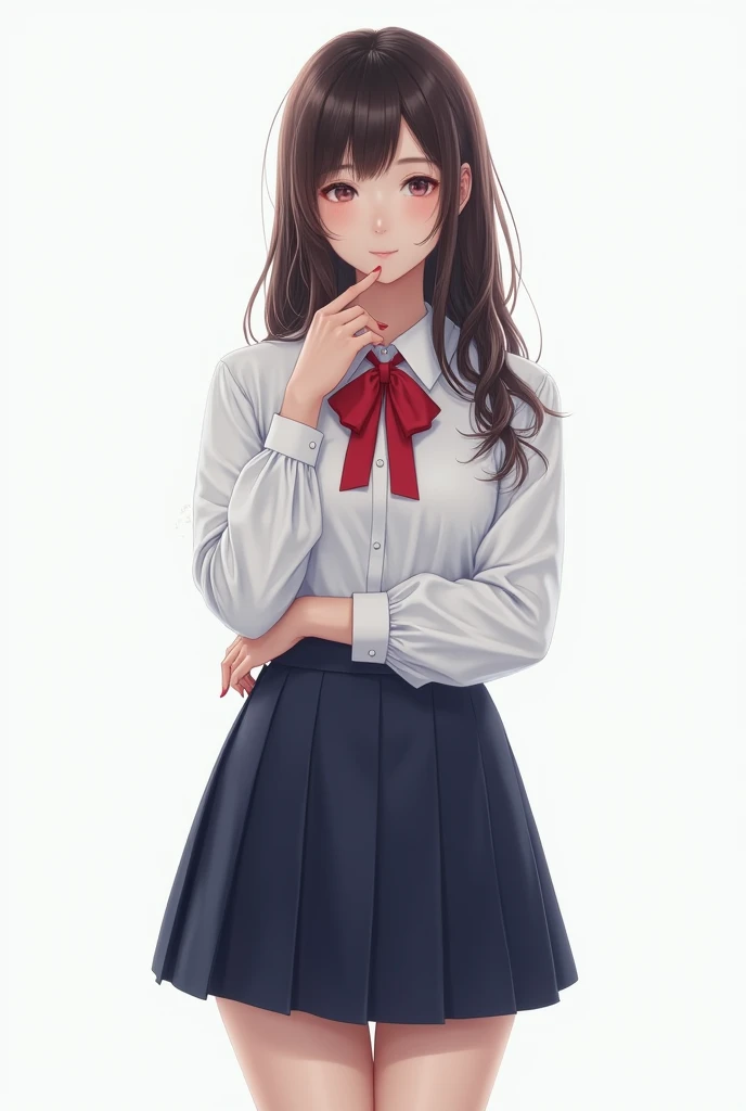 (Highest quality、Masterpiece、Highest quality、Hyperrealism、Ultra HD)、 (A high school girl wearing a white blouse and a navy blue skirt:1.2)、( Red bow tie on chest:1.1)、Perfect Style、Perfect body line、Large Breasts、Standing Elegantly、(The simplest pure white background:1.2)、(Panties photographed from below:1.3)、Spread your legs、(Open your crotch to show your panties:1.2)、Embarrassed expression、blush
