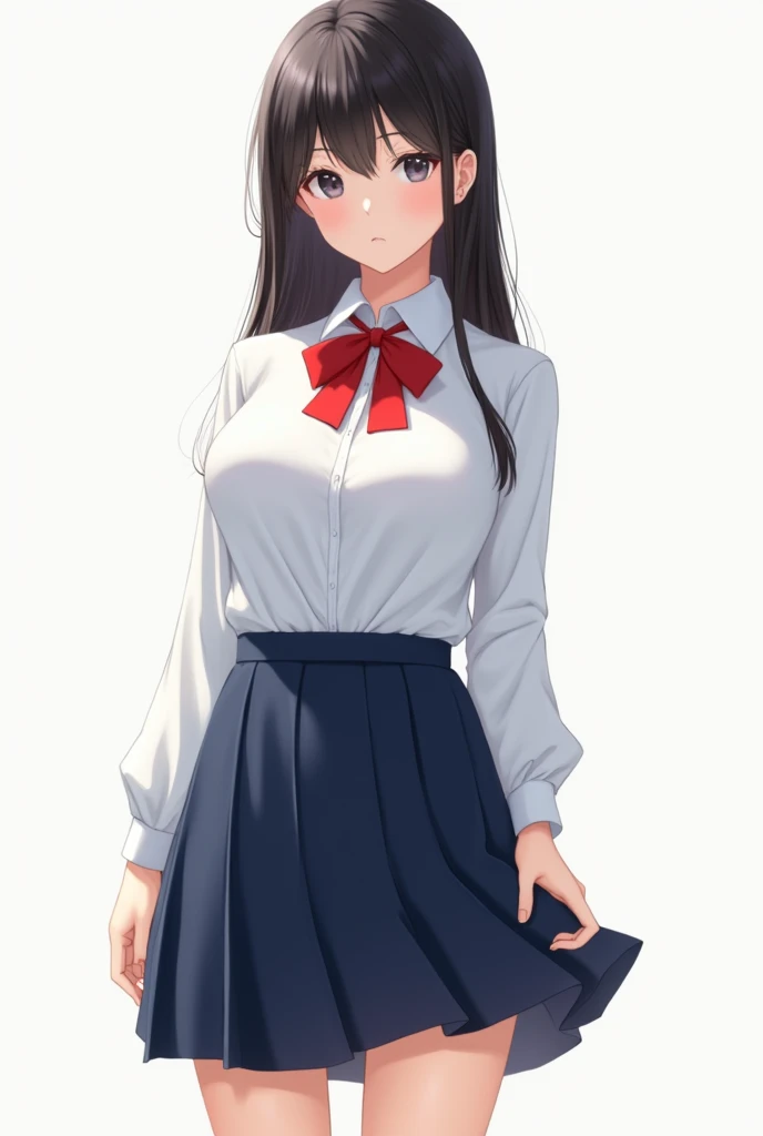 (Highest quality、Masterpiece、Highest quality、Hyperrealism、Ultra HD)、 (A high school girl wearing a white blouse and a navy blue skirt:1.2)、( Red bow tie on chest:1.1)、Perfect Style、Perfect body line、Large Breasts、Standing Elegantly、(The simplest pure white background:1.2)、(Panties photographed from below:1.3)、Spread your legs、(Open your crotch to show your panties:1.2)、Embarrassed expression、blush