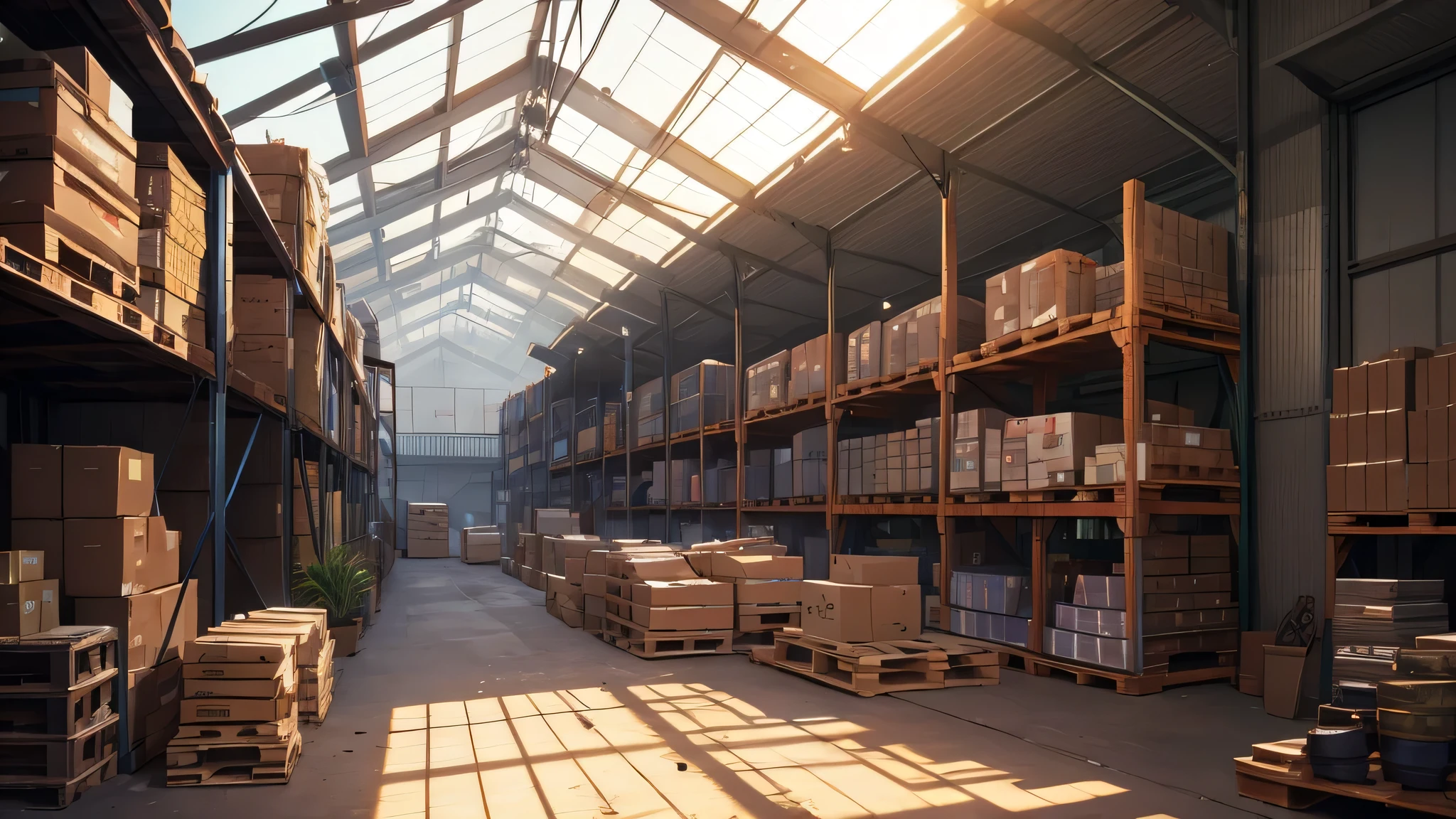  warehouse with loads of stock and wooden pallets in the uk with transport vehicles. The setting has a sunny and a bright atmosphere, with soft lighting casting a gentle glow on the surroundings. anime style