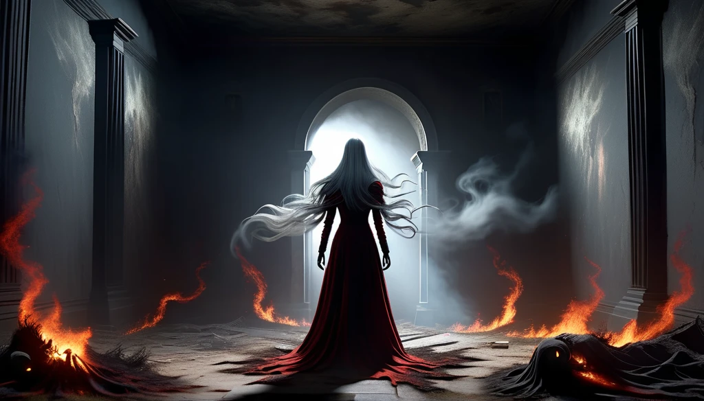 Quality, masterpiece, hight resolution, top-quality, hyper realisitic, 8K, hight detailed, BREAK, photo from above, 
, a terrifying horror scene, lone figure standing in middle of ancient house , apocalyptic  , demon girl , ghostly apparitions emerging from the shadows, surreal and disturbing environment, highly detailed, photorealistic, focusing on textures, shadows and lighting effects, reminiscent of The Grudge, scene from nightmare, surrealistic [high contrast], limited color palette, dark shadows, scary, mysterious and ghostly figures with  horn , long gray  hair, messy,  red broken dress, mist  , fire spells 