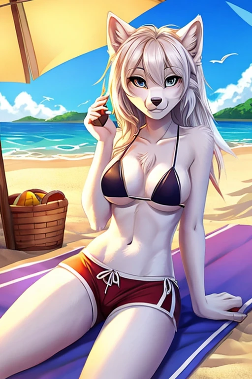 White wolf bikini wearing short beach shorts 