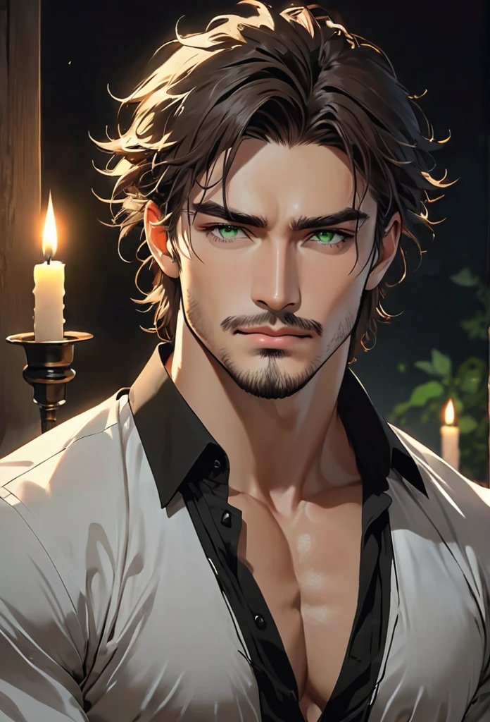 {{upper body}} {{Artist: sincos}} 1 man, rough and cheeky male, dark brown hair, medium messy hair, light green eyes, sharp jawline, very handsome, facial hair, lithe body, broad shoulders, muscular, white poet shirt with strings, black breachers, dark chambers, candlelight, dark ambiance, darkworld fantasy, night, good quality.