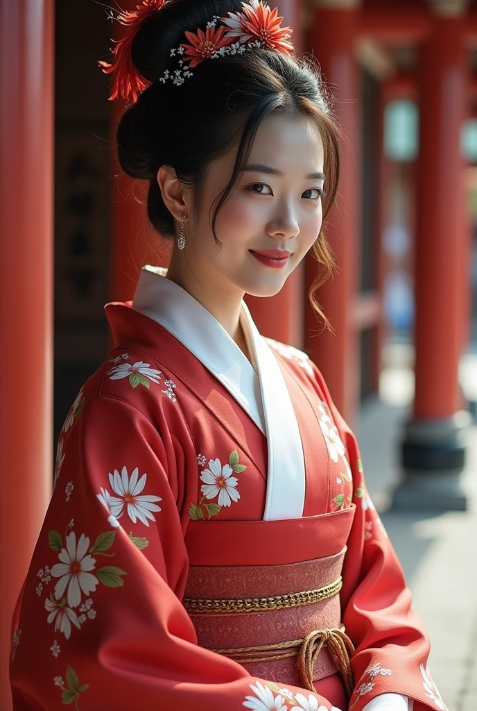 (Highest quality、Tabletop、8k、Best image quality)、(Beautiful Japanese Perfect Shrine Maiden:1.1)、(The perfect and most natural shrine maiden costume:1.3)、(Woman's upper body photo:1.1)、Look at me、The best smile、The background is a magnificent and luxurious shrine.、The majestic and luxurious exterior resembles a real shrine、A gorgeous and authentic shrine with Niwa lacquerware