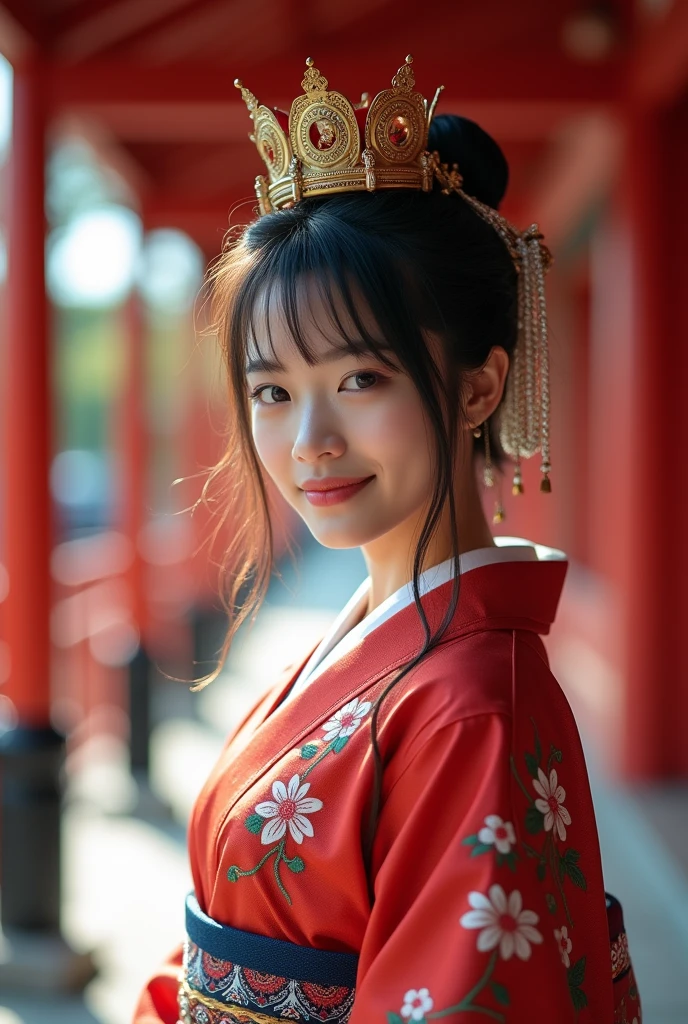 (Highest quality、Tabletop、8k、Best image quality)、(Beautiful Japanese Perfect Shrine Maiden:1.1)、(The perfect and most natural shrine maiden costume:1.3)、(Woman's upper body photo:1.1)、Look at me、The best smile、The background is a magnificent and luxurious shrine.、The majestic and luxurious exterior resembles a real shrine、A gorgeous and authentic shrine with Niwa lacquerware