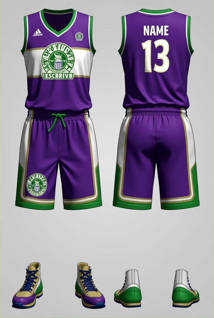 To design a basketball uniform using this logo of the San Josemaría Escrivá Educational Unit, I suggest the following:

### 1. **colors principales:**
   - **purple and white:** Use purple as the main color, since it is predominant in the logo, and white as a secondary color to contrast. You can use white for numbers, names and details.
   - **green:** Consider green as an accent color, perhaps on the side lines or the edges of the uniform.

### 2. **upper part (Jersey):**
   - **frontal:** Place the logo in the center or on the left side of the chest. Below the logo, you can add the team or school name in a simple and readable style.
   - **back:** The numbers can go on the back with a large and clear size, using white or purple depending on the background. The player&#39;s name can go above the number, also in white.

### 3. **Bottom (Shorts):**
   - **colors:** Use purple as the base color, with details in white or green. You can include the logo on one of the sides of the shorts or on the bottom.
   - **Details:** Consider adding a line or pattern on the sides of the shorts in green, to give it a distinctive touch.
Give me another design

