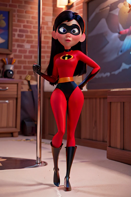 Violet Parr, Incredibles, Leotard, Pole Dancing, Disney Pixar Animated Style, detailed face, beautiful eyes, medium breasts