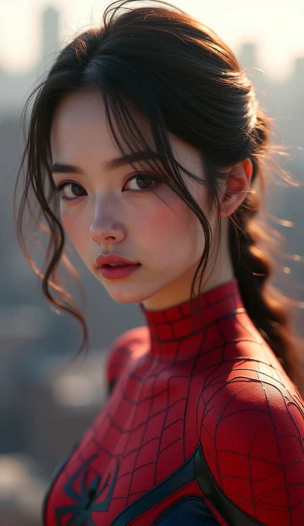 (1girl:1.3), Solo, (((Very detailed face)))), ((Very detailed eyes and face)))), Beautiful detail eyes, Body parts__, Official art, Unified 8k wallpaper, Super detailed, beautiful and beautiful, beautiful, masterpiece, best quality, original, masterpiece, super fine photo, best quality, super high resolution, realistic realism, sunlight, full body portrait, amazing beauty, dynamic pose, delicate face, vibrant eyes, (from the front), She wears Spider-Man suit, red and black color scheme, spider, very detailed city roof background, rooftop, overlooking the city, detailed face, detailed complex busy background, messy, gorgeous, milky white, highly detailed skin, realistic skin details, visible pores, clear focus, volumetric fog, 8k uhd, DSLR, high quality, film grain, fair skin, photo realism, lomography, futuristic dystopian megalopolis, translucent