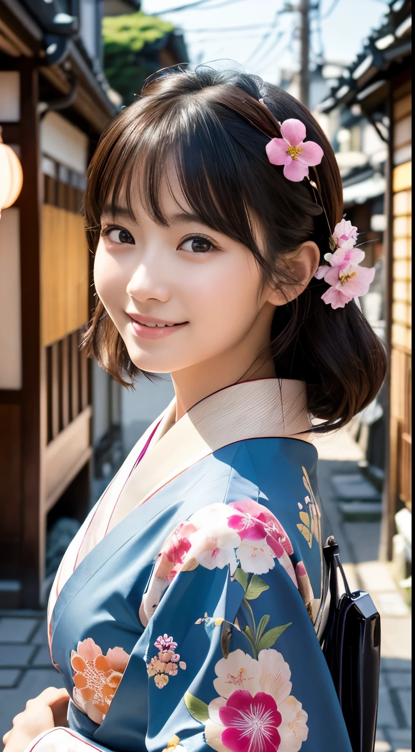 Professional Lighting,(Realistic:1.4), (Top image quality:1.0), (超High resolution:1.0), 8k, Raw photography, (masterpiece:0.2), (Dealing with the Children_v1:0.5)、(最高quality Detail:1.2)、Realistic、8kウルトラHD、High resolution、(1 girl:1.2)、超detailedな、High quality textures、複雑なdetailed、detailed、Very detailed CG、High quality shadows、detailed 美しく繊細な顔、Beautiful details and a delicate eye、(Symmetrical eyes:1.2),Written boundary depth、Ray Tracing,1 girl, Japanese Girls, (Natural smile:1.4),cute, thin, Portrait of a beautiful Japanese woman in a kimono, Standing elegantly on a street corner in Kyoto. Kimono with vibrant traditional patterns, Hair decorated with elegant and delicate hairpins, Gentle expression. (With the old streets of Kyoto in the background:1.4)、The soft light of a spring afternoon、Adding tranquility to the scene. Rendered in a Realistic style with great attention to detail, High resolutionの画像.Sky Porn, Magic Hour, (Realistic:1.3), finely, quality, (Tabletop:1.2), (Realistic:1.2), (最高quality), (複雑なdetailed), dramatic, Ray Tracing, photograph, +roller