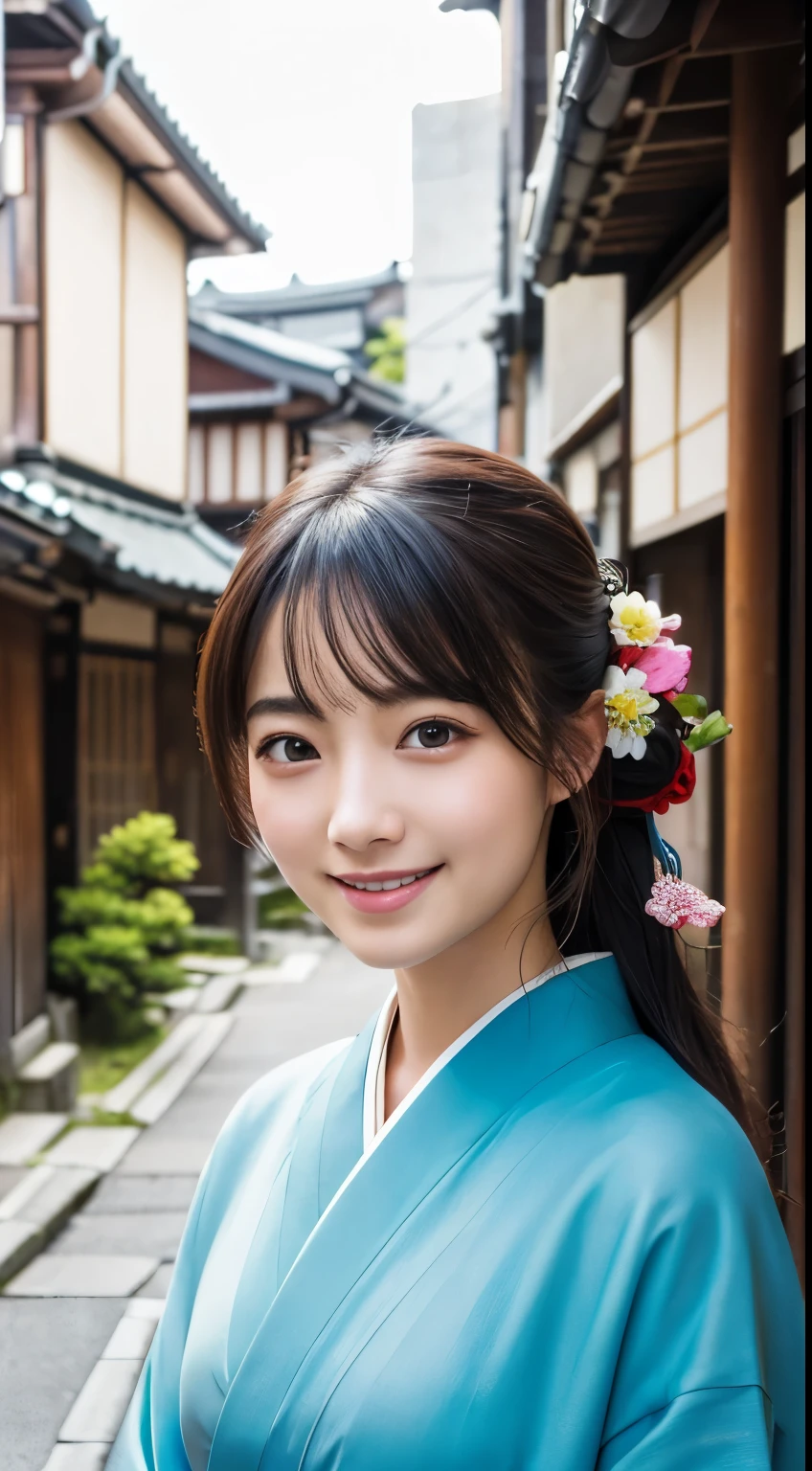Professional Lighting,(Realistic:1.4), (Top image quality:1.0), (超High resolution:1.0), 8k, Raw photography, (masterpiece:0.2), (Dealing with the Children_v1:0.5)、(最高quality Detail:1.2)、Realistic、8kウルトラHD、High resolution、(1 girl:1.2)、超detailedな、High quality textures、複雑なdetailed、detailed、Very detailed CG、High quality shadows、detailed 美しく繊細な顔、Beautiful details and a delicate eye、(Symmetrical eyes:1.2),Written boundary depth、Ray Tracing,1 girl, Japanese Girls, (Natural smile:1.4),cute, thin, Portrait of a beautiful Japanese woman in a kimono, Standing elegantly on a street corner in Kyoto. Kimono with vibrant traditional patterns, Hair decorated with elegant and delicate hairpins, Gentle expression. (With the old streets of Kyoto in the background:1.4)、The soft light of a spring afternoon、Adding tranquility to the scene. Rendered in a Realistic style with great attention to detail, High resolutionの画像.Sky Porn, Magic Hour, (Realistic:1.3), finely, quality, (Tabletop:1.2), (Realistic:1.2), (最高quality), (複雑なdetailed), dramatic, Ray Tracing, photograph, +roller