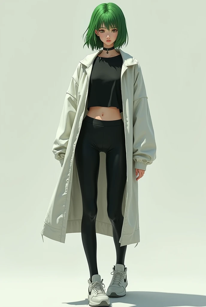 Slender woman with shoulder-length green hair wearing a waist-length white jacket with a black t-shirt, black leggings and sports shoes
