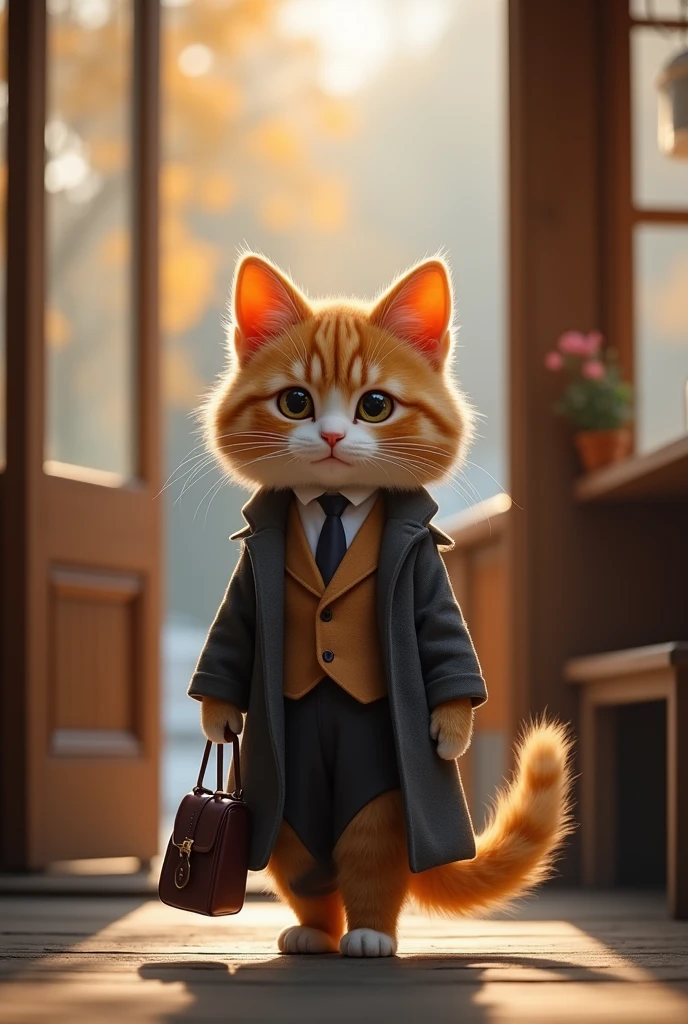 Cat,Standing,doll,Carrying a small school bag,Japanese style,tram,Hokkaido,Autumn Station,Wooden house,Platform, cloak,Ruan Jia,Suit,tie,花Cat,Stupid Dog,肌肉发达的雄Cat, (Delicate face), (Fine fluffy fur)
