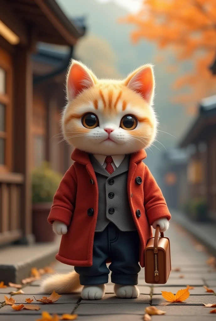 Cat，Standing，doll，Carrying a small school bag，Japanese style，tram，Hokkaido，Autumn Station，Wooden house，Platform， cloak,Ruan Jia,Suit,tie，花Cat，Stupid Dog,肌肉发达的雄Cat, (Delicate face), (Fine fluffy fur)