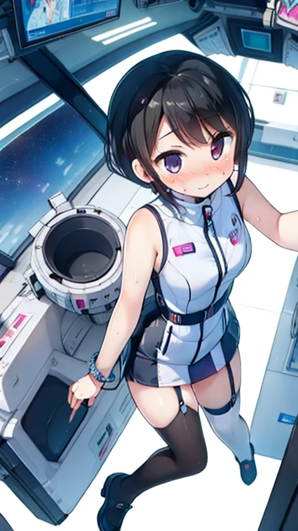 (Highest quality), (masterpiece), 1080P, High resolution, 4K, 8k, Inside the space station、Futuristic room、Thigh straps, Shooting from directly below, The woman on top of me, 白いSweat, Covered , Sweat, Woman looking down, Skirt swimsuit, Thigh-high socks, To achieve this, 16 years old, , whole body, Black leather shoes, Braided hair, Inner Color, Embarrassed face, Short black hair, bracelet, Bedroom,celestial body_Vest