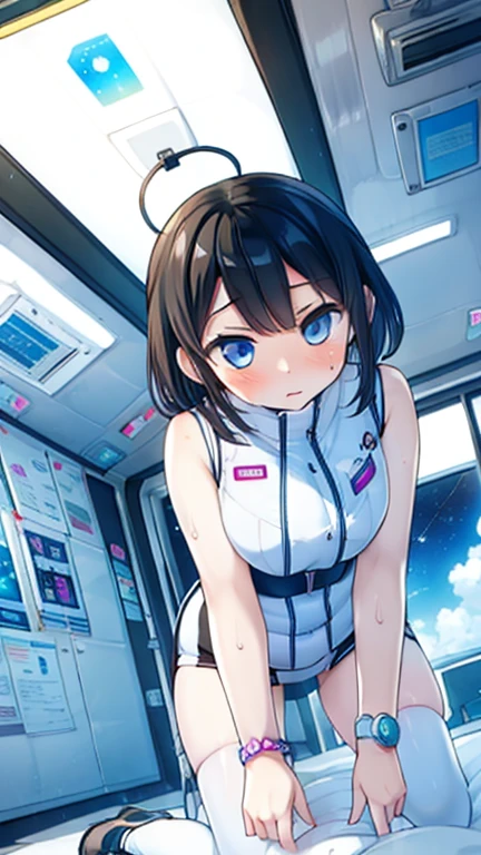 (Highest quality), (masterpiece), 1080P, High resolution, 4K, 8k, Inside the space station、Futuristic room、Thigh straps, Shooting from directly below, The woman on top of me, 白いSweat, Covered , Sweat, Woman looking down, Skirt swimsuit, Thigh-high socks, To achieve this, 16 years old, , whole body, Black leather shoes, Braided hair, Inner Color, Embarrassed face, Short black hair, bracelet, Bedroom,celestial body_Vest
