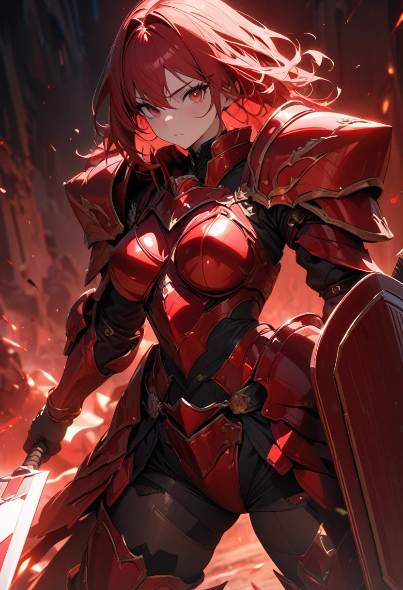 masterpiece, 8k, best quality, highly detailed, a warrior wielding a small shield & armor that is bright light red that looks like a red apple