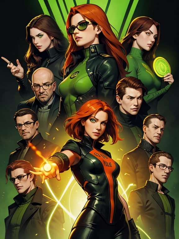 Poster for the film "Matrix, 2 17 year old characters, green-eyed cute girl with fiery orange hair and brown-haired glasses; dynamic poses, "Matrix" background of green neon hieroglyphs flying down, cinematic lighting