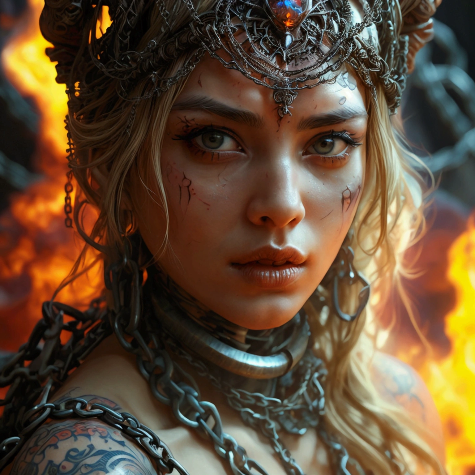 (masterpiece, highest quality, fractal art, beautiful and aesthetic), chaotic medieval world, Swirling flames, magma, fire and flame, perfect dynamic composition, (Detailed tattoos on the whole body, Wear elaborate jewelry from head to toe), Highly detailed skin and facial textures, (cute and sexy female prisoner, prisoner of war, slave), tiara, Fair skin, (Putting on heavily torn slave clothing correctly:1.1), Huge breasts that are about to explode, Do not show areola, big chest gap, (The expression on your face when you feel intense caress, Facial expression when feeling pleasure), Eyes that feel beautiful eros, sexy face, (Too erotic and cute, Bewitching), (raise both arms up, sit with legs apart, Lots of chains, countless chains tangled in clothes, chain the right arm, chain the left arm, Bind the right leg with shackles and chains, Bind the left leg with shackles and chains), super long blonde curly hair