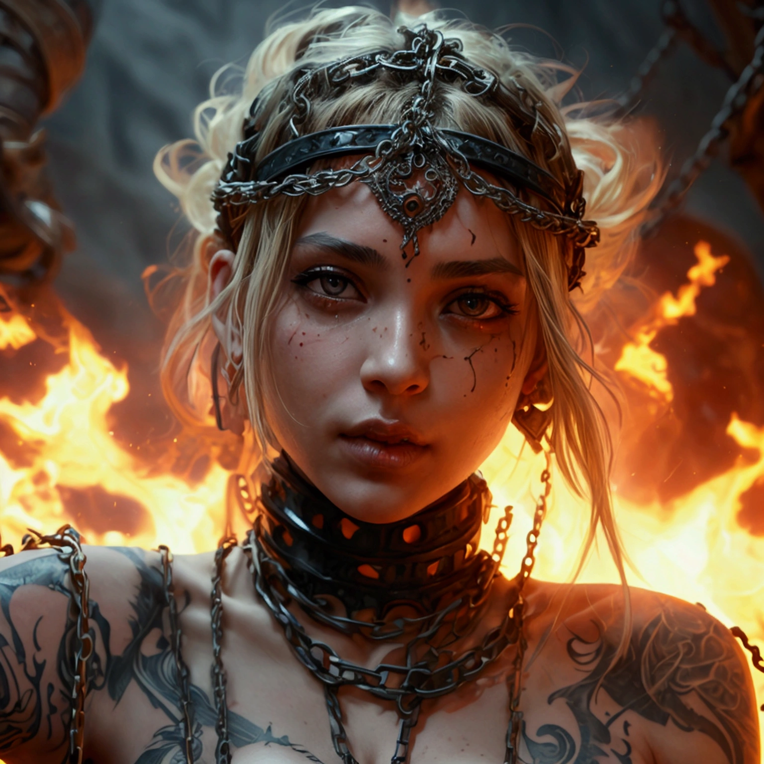 (masterpiece, highest quality, fractal art, beautiful and aesthetic), chaotic medieval world, Swirling flames, magma, fire and flame, perfect dynamic composition, (Detailed tattoos on the whole body, Wear elaborate jewelry from head to toe), Highly detailed skin and facial textures, (cute and sexy female prisoner, prisoner of war, slave), tiara, Fair skin, (Putting on heavily torn slave clothing correctly:1.1), Huge breasts that are about to explode, Do not show ??????, big chest gap, (The expression on your face when you feel intense caress, Facial expression when feeling pleasure), Eyes that feel beautiful eros, sexy face, (Too erotic and cute, Bewitching), (raise both arms up, sit with legs apart, Lots of chains, countless chains tangled in clothes, chain the right arm, chain the left arm, Bind the right leg with shackles and chains, Bind the left leg with shackles and chains), super long blonde curly hair