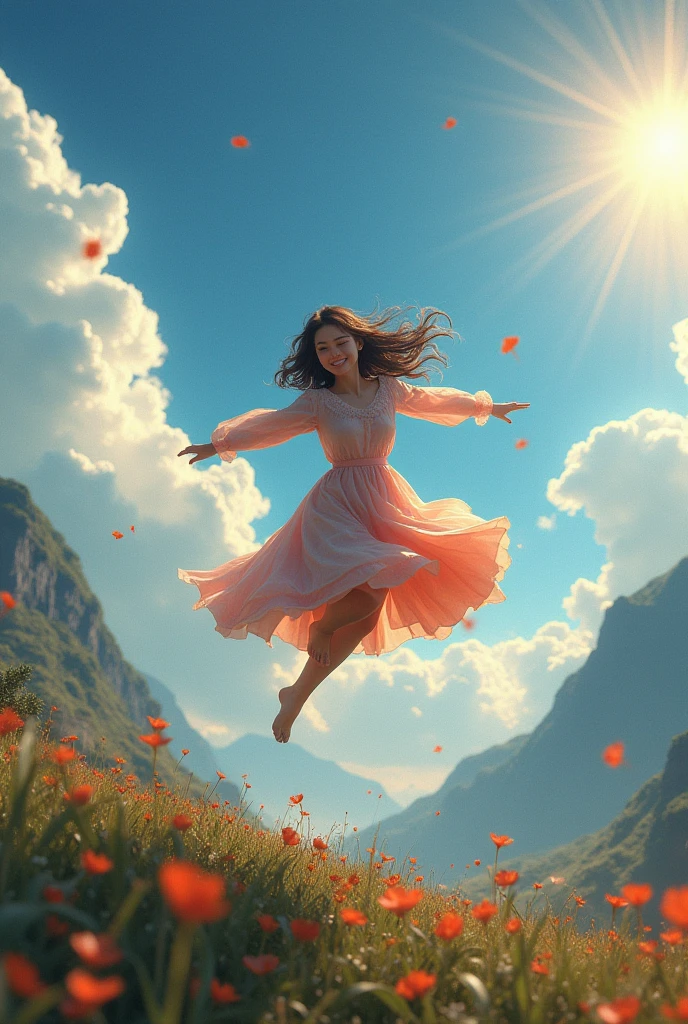 nsfw, (RAW photo, best quality), (realistic, photo realistic: 1.3), best quality, highly detailed, dancing, flying, panorama, vista, smile, shy, floating, levitating, dynamic pose, masterpiece, super detailed, illustration, 1 girl, upper_body, dynamic angle, world masterpiece theater, messy_long_hair, best quality, extremely detailed CG Unity 8k wallpaper, ink, amazing, cinematic lighting, lens_ flare,dunhuang_style,