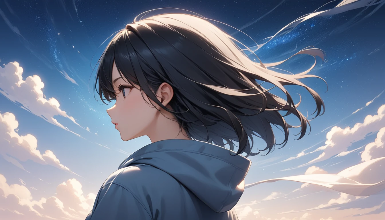 Starry Sky、One woman、Black Hair、Short Hair、Hair blowing in the wind、profile、Wearing a hoodie、Back view、Full body portrait