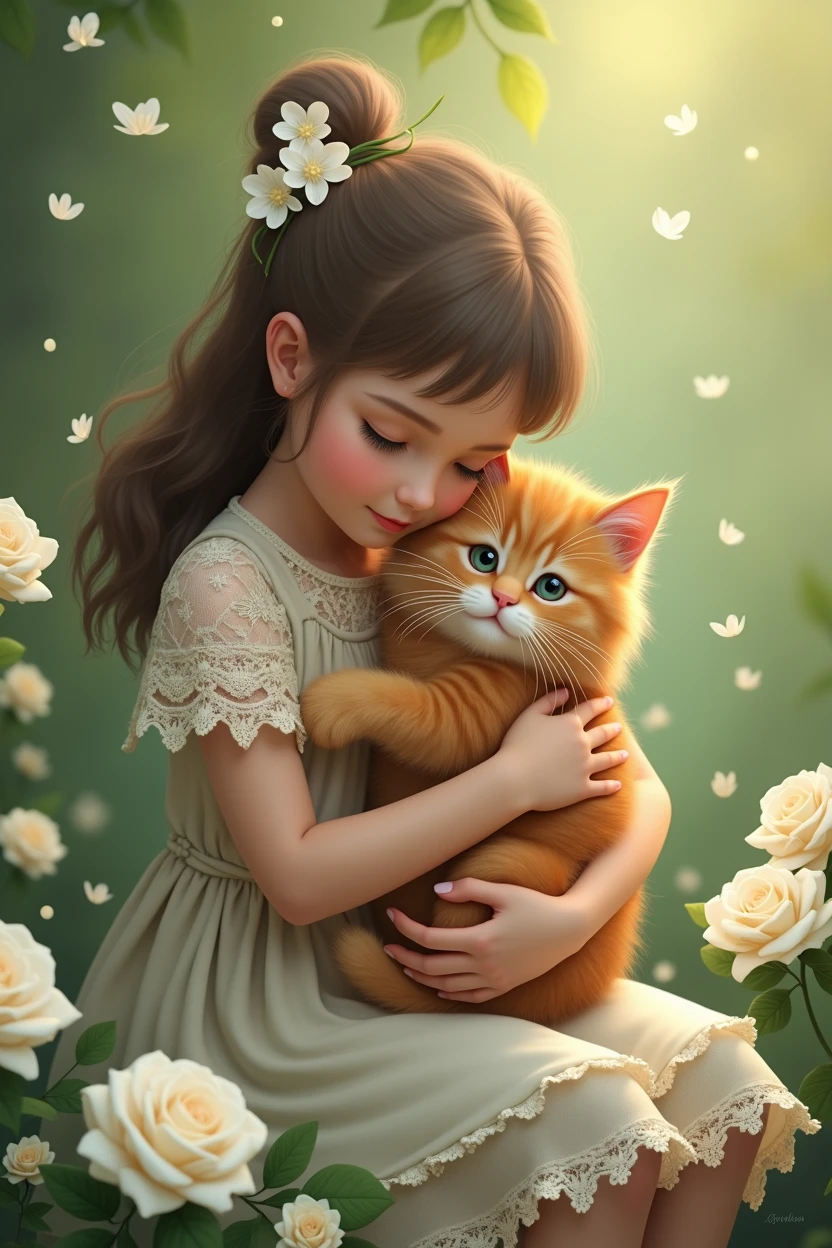 on a green background with white roses in the style of Provence, a girl in a lace knitted dress with ribbons hugs a red fluffy cat