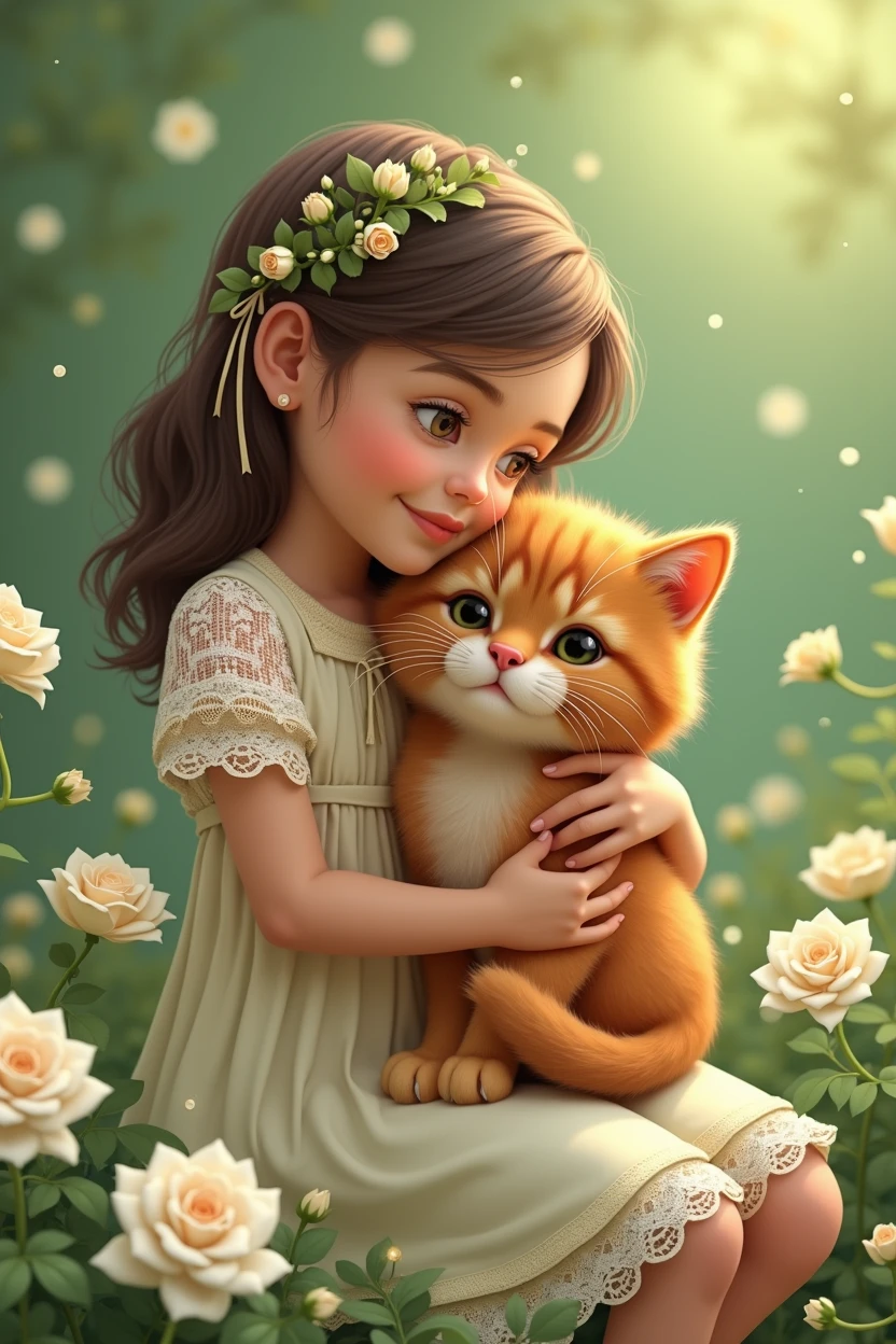 on a green background with white roses in the style of Provence, a girl in a lace knitted dress with ribbons hugs a red fluffy cat