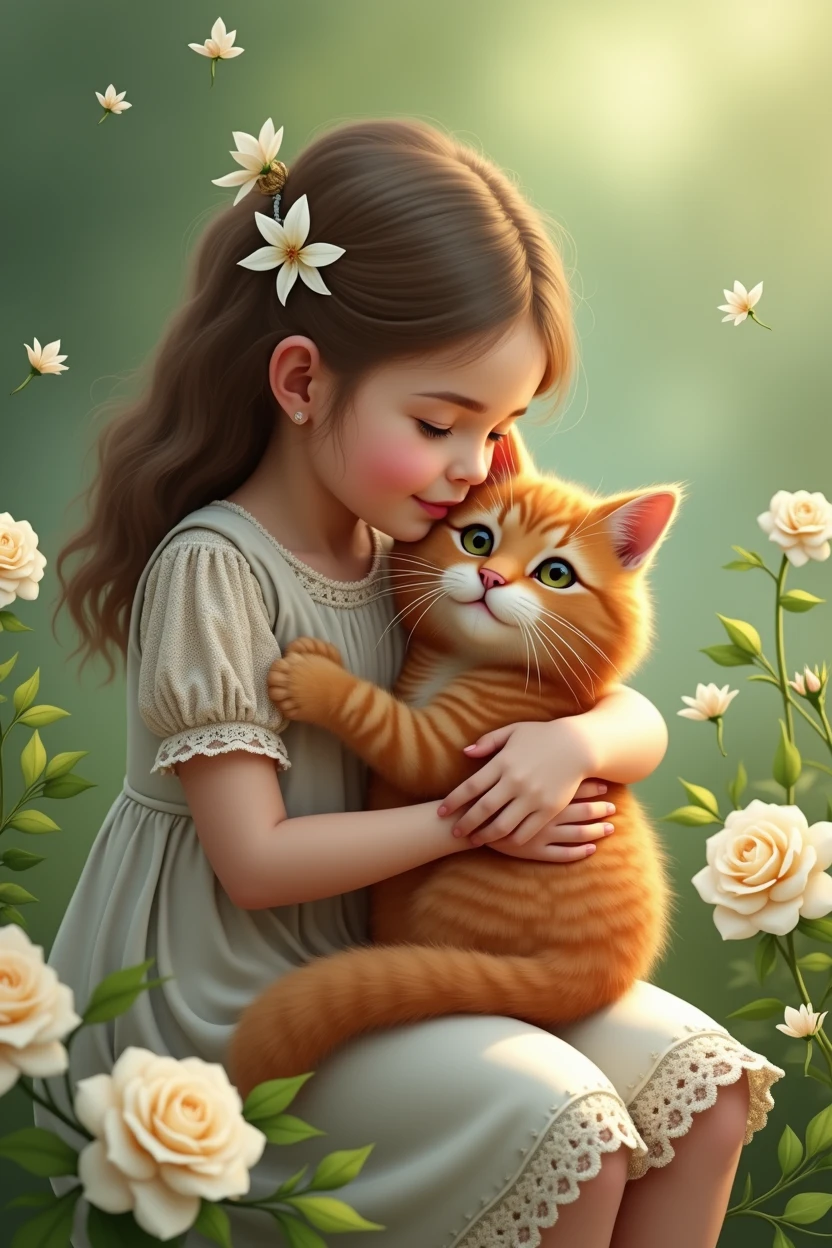 on a green background with white roses in the style of Provence, a girl in a lace knitted dress with ribbons hugs a red fluffy cat
