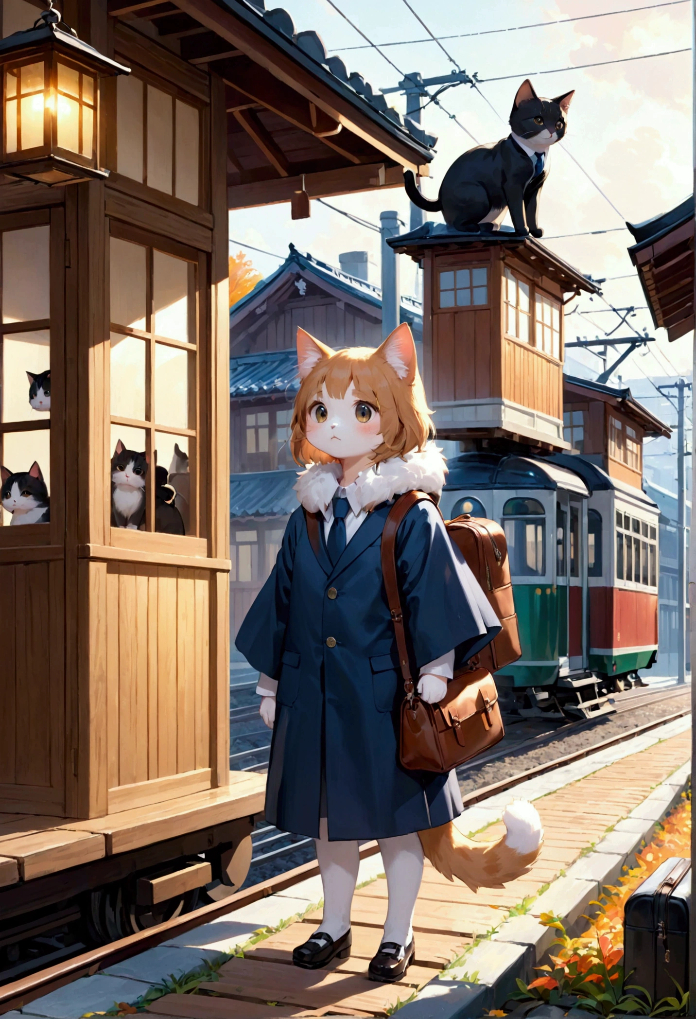 Cat,橘Cat,Standing,doll,Carrying a small school bag,Japanese style,tram,Hokkaido,Autumn Station,Wooden house,Platform, cloak,Ruan Jia,Suit,tie,花Cat,Stupid Dog,肌肉发达的雄Cat, (Delicate face), (Fine fluffy fur)