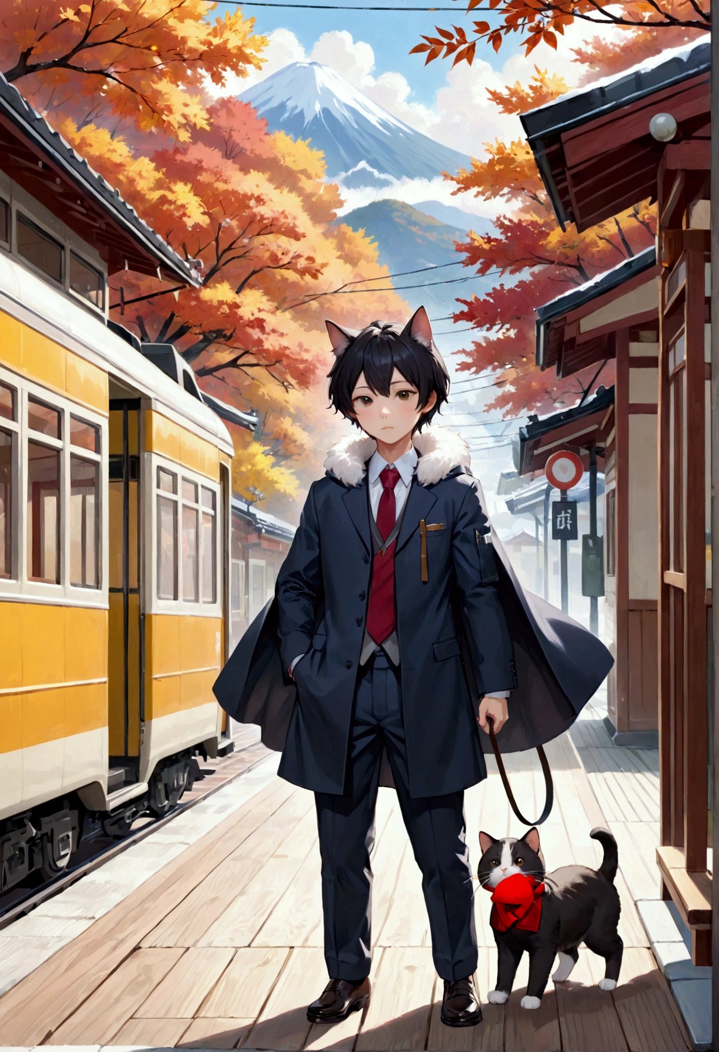 Cat,橘Cat,Standing,doll,Carrying a small school bag,Japanese style,tram,Hokkaido,Autumn Station,Wooden house,Platform, cloak,Ruan Jia,Suit,tie,花Cat,Stupid Dog,肌肉发达的雄Cat, (Delicate face), (Fine fluffy fur)