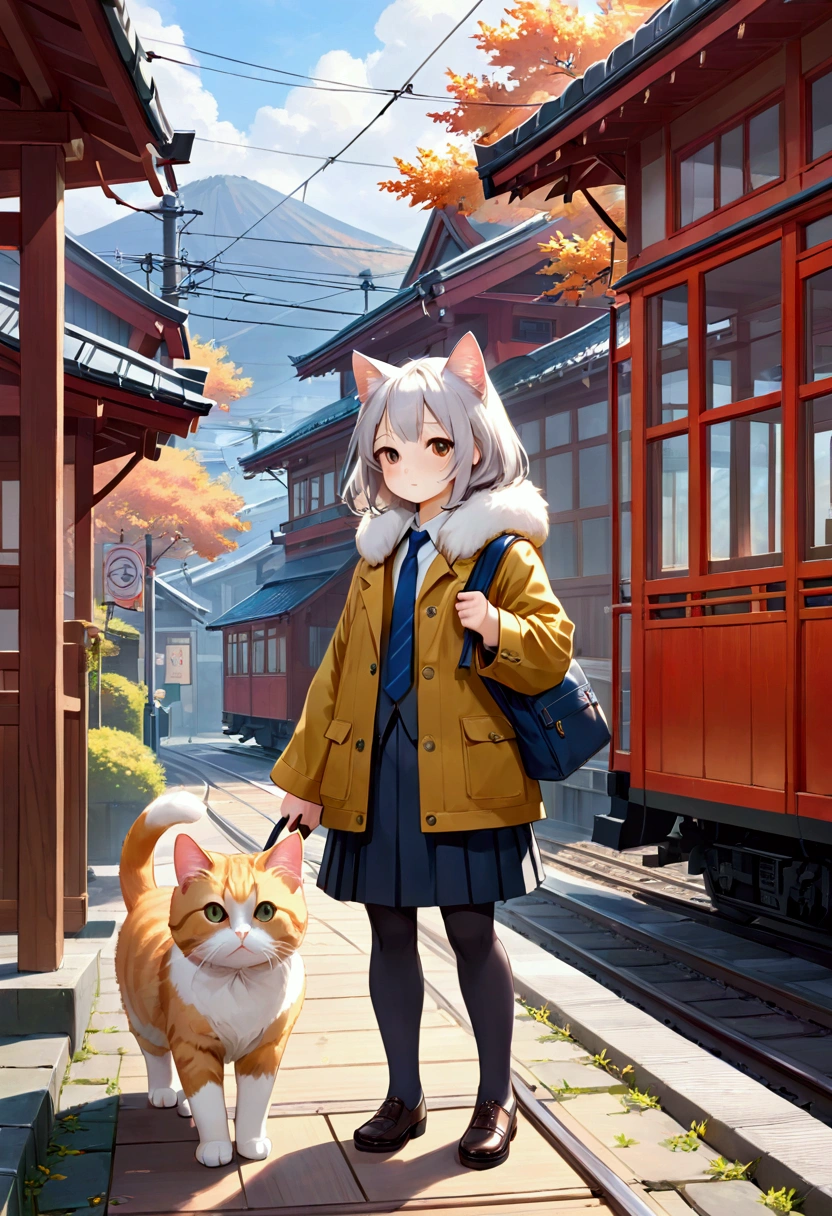 Cat,橘Cat,Standing,doll,Carrying a small school bag,Japanese style,tram,Hokkaido,Autumn Station,Wooden house,Platform, cloak,Ruan Jia,Suit,tie,花Cat,Stupid Dog,肌肉发达的雄Cat, (Delicate face), (Fine fluffy fur)