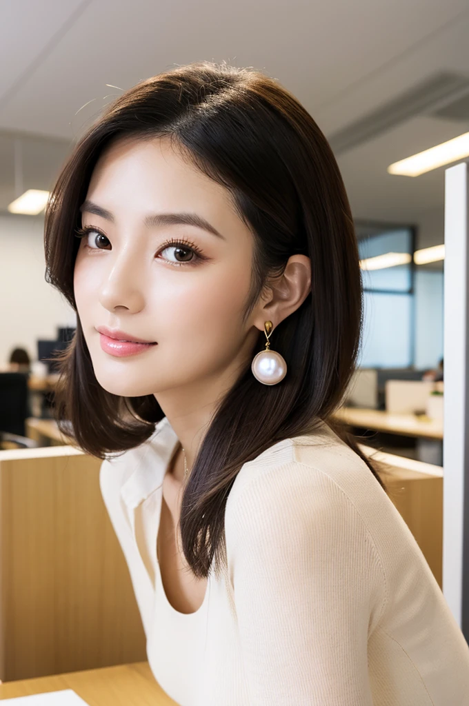 company office,executive secretary,okinawa,((full body)),((photo)),((best qualtiy, 8K, tmasterpiece:1.3)), Focus:1.2, perfect figure beautiful girl:1.4,1girl,cowboy shot,look at viewer, eyes facing the camera,incredibly absurd, beautiful and cute girl with a photorealistic face, showcasing top-quality craftsmanship, Japanese woman working in an office, 22 years old, hairstyle is black bob hair, inward curling hair reaching the jaw line, thin and soft hair, wide forehead with beautiful hairline, thin eyebrows, large almond-shaped eyes, light brown eyes, long eyelashes, double eyelids, straight nose, small lips, smile with upturned corners, fair and translucent skin, plump cheeks, cute impression, glamorous, tall, well-balanced proportions, large E-cup breasts, beige V-neck knit, white tight skirt, heeled pumps, pearl necklace and earrings, small bag, gold watch, beautiful, pretty older woman, neat, serious, hardworking, kind, considerate, highly trusted by those around her, April