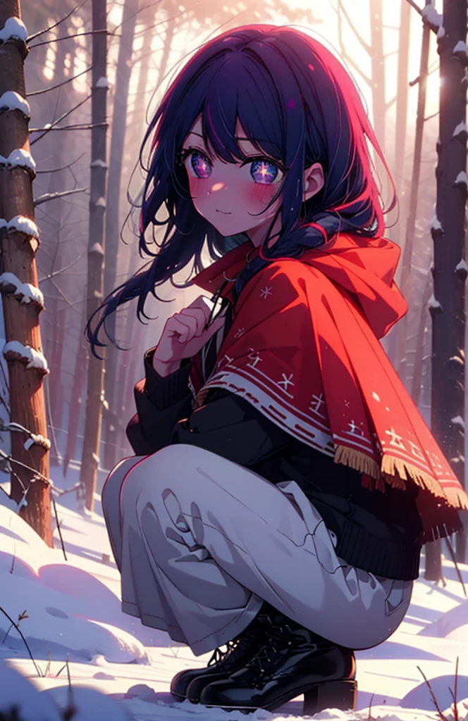 aihoshino, Ai Hoshino, Long Hair, bangs, (Purple eyes:1.1), Purple Hair, (Symbol-shaped pupil:1.5), smile,,smile,blush,white breath,
Open your mouth,snow,Ground bonfire, Outdoor, boots, snowing, From the side, wood, suitcase, Cape, Blurred, , forest, White handbag, nature, Squat, Mouth closed, Cape, winter, Written boundary depth, Black shoes, red Cape break looking at viewer, Upper Body, whole body, break Outdoor, forest, nature, break (masterpiece:1.2), Highest quality, High resolution, unity 8k wallpaper, (shape:0.8), (Beautiful and beautiful eyes:1.6), Highly detailed face, Perfect lighting, Extremely detailed CG, (Perfect hands, Perfect Anatomy),