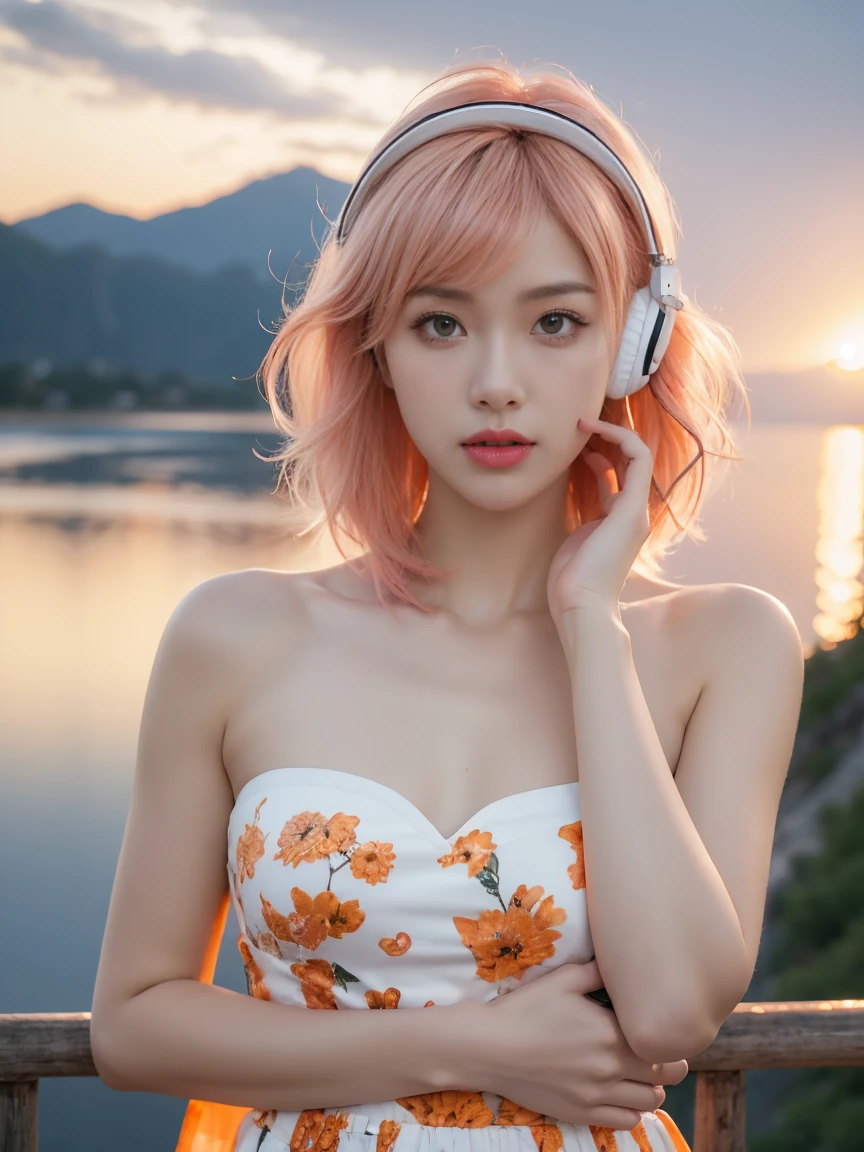 Top Quality, Masterpiece, Super High Resolution, (Actual:1.3), Original Photo, (Nature Photography), (Magnificent mountaintop, Sea of clouds), (Very wide mountain top), (Sunset), (Girl), (Upper body), (Natural Light: 1.0), (Side View: 0.0), (Cowboy Shot: 0.0), (upper body: 1.8), (Close-up: 0.8), Portrait, Cinematic Lighting, Glow, Ray tracing, reflected light, f135mm, UHD, accurate, skin texture, super detail, great detail, high quality, highest quality, 8k, (surrealism: 1.2), BREAK, (Japanese: 1.3), (25 years old: 1.0), (Small breasts: 1.5), (Long, large, slit eyes: 1.8), (Realistic eyes: 1.8), (Height at 160cm: 1.2) , a little fat, (Transparent white skin: 1.2), (Short curly bright pink hair with bangs: 1.3), (Deep eyeshadow makeup: 1.4), BREAK, (Correct hand: 1.6), (Correct fingertips: 1.6), Sexy pose, (Place hand near cheek: 1.8), BREAK, (Big white headphones: 1.4), (Wearing an orange and white printed strapless dress: 1.3), BREAK, seagull