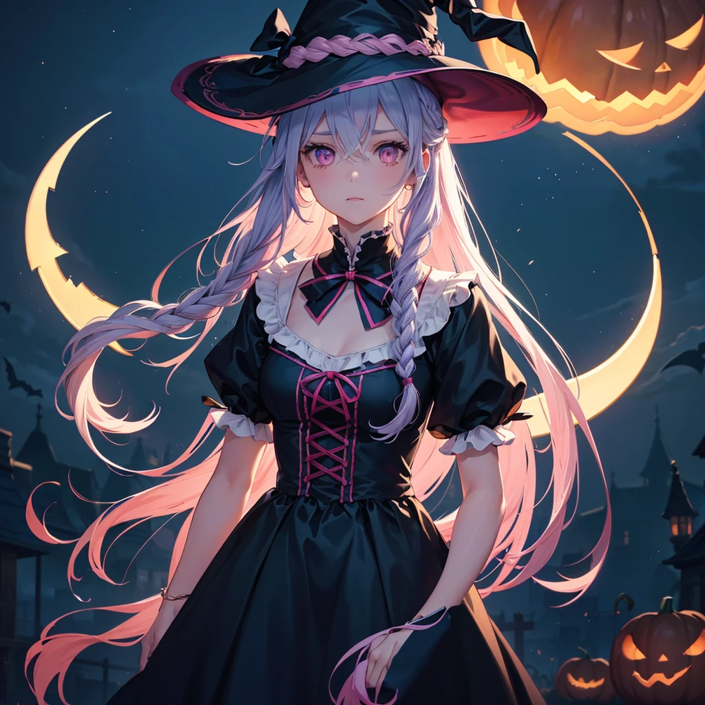 (Sky blue braided medium length hair:1.2), (Pink eyes),Fair skin)  ,(whole body),(One Girl),(Crescent Moon),(A large number of pumpkin ghosts in the background),(Trick or Treat),Halloween Party),(masterpiece, Highest quality, Very detailed, Best Shadow), (Detailed Background), (Beautifully detailed face), High Contrast, (Best lighting, Very delicate and beautiful), ((Cinematic Light)), Hyper Detail,8k, Dramatic Light, Intricate details,Witch&#39;s Clothes,Magic broom,night,Bats fly in the sky,