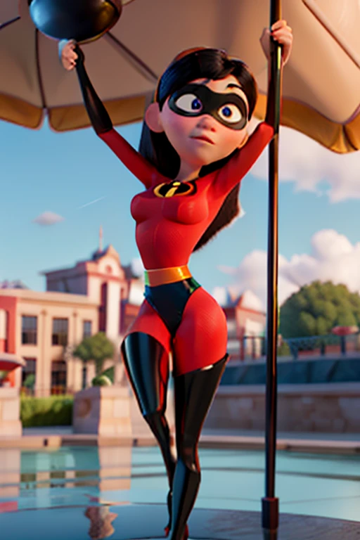 Violet Parr, Incredibles, Leotard, Pole Dancing, Disney Pixar Animated Style, detailed face, beautiful eyes, medium breasts