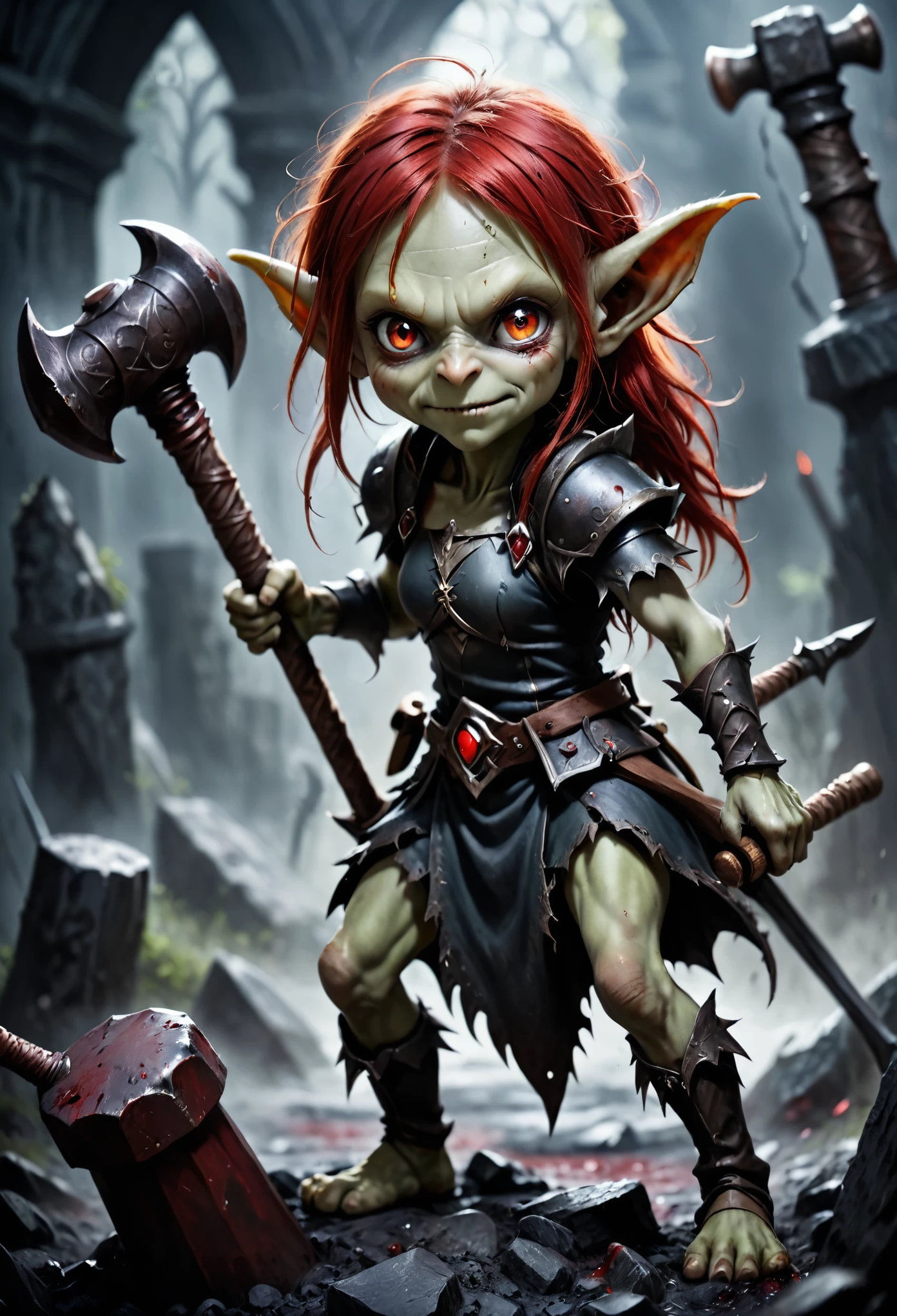 Realistic anime character, cute goblin femail, redhead, red eyes, full body portrait, holding a big hammer, little smile, in battle, dynamic composition, intricate gloomy background, dark fantasy style, dark arts, depth of field, blood of the enemies 