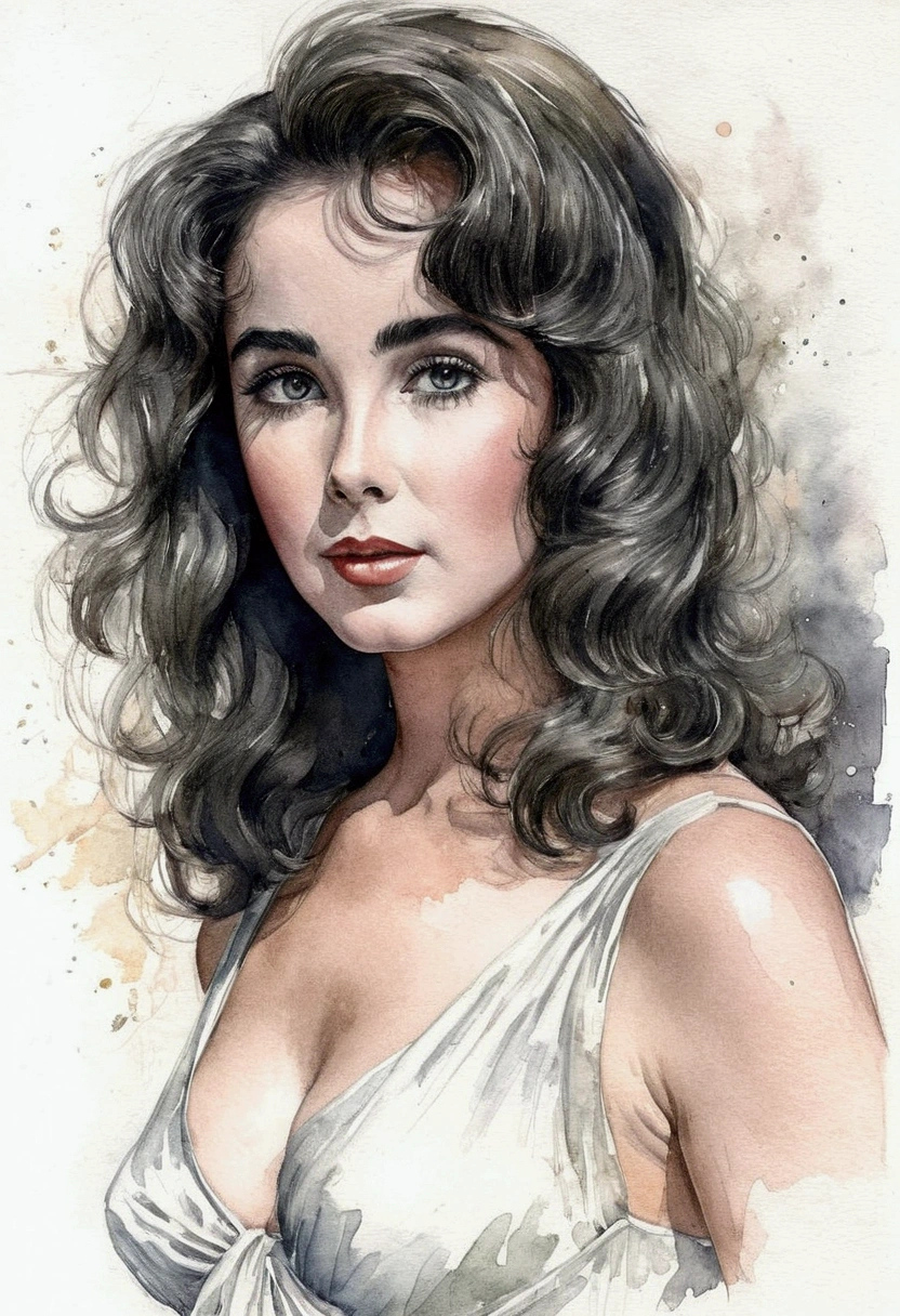 A delicate, watercolor painting portrays, a very young nude beautiful Elizabeth Taylor look, medium firm breasts, standing bare feet without background, large pussy, her features rendered in subtle shading and precise lines. The framing is tight, focusing attention on the subject's serene face. Soft, feathery strokes convey the gentle texture of her hair,